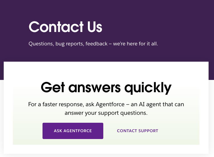Slack's Contact Us page with the Ask Agentforce and Contact support buttons