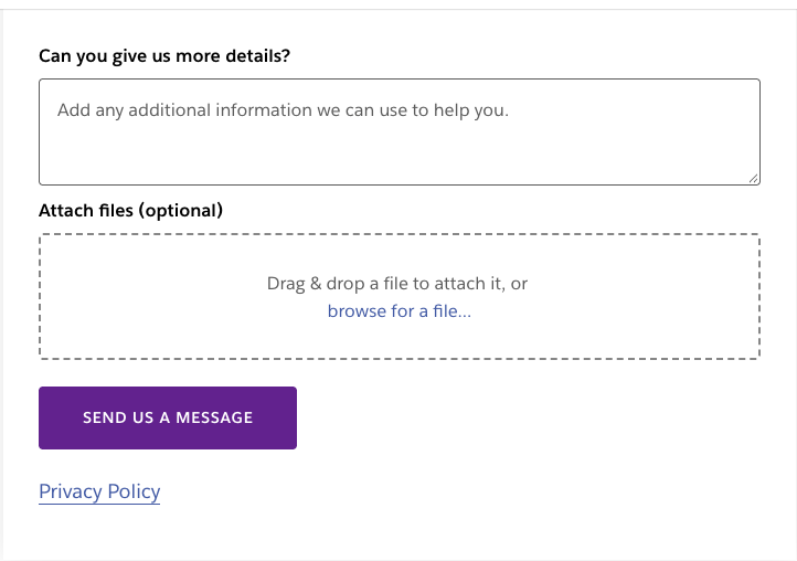 The bottom of Slack's support form: details box, file attachment and the Send us a message button