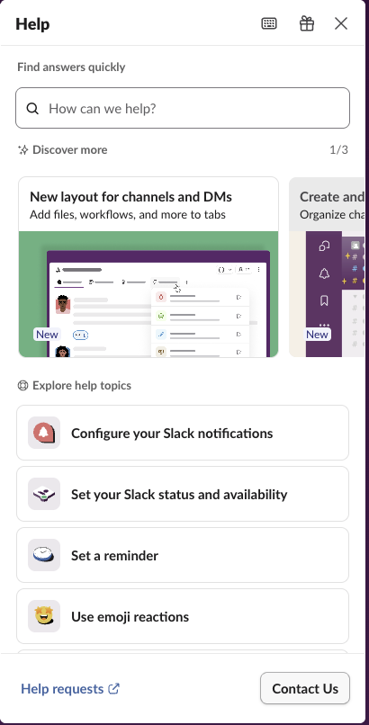 Slack's Help panel with the Contact Us button and the Help requests link at the bottom