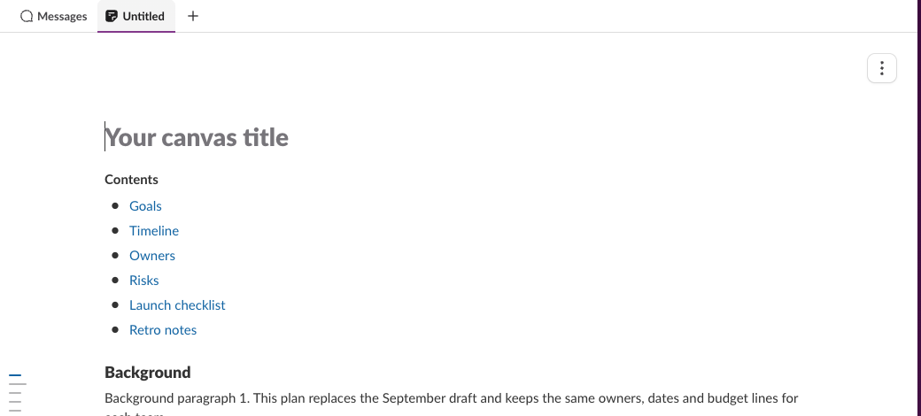 A Slack channel canvas created by the copy script, with a Contents list of six blue links and a Background heading with paragraphs under it