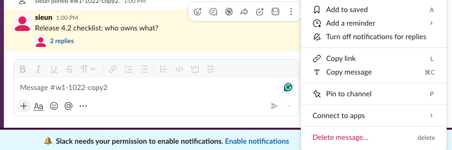 The More actions menu on a Slack message, listing Edit message, Mark unread, Add to saved, Add a reminder, Turn off notifications for replies, Copy link, Copy message, Pin to channel, Connect to apps and Delete message
