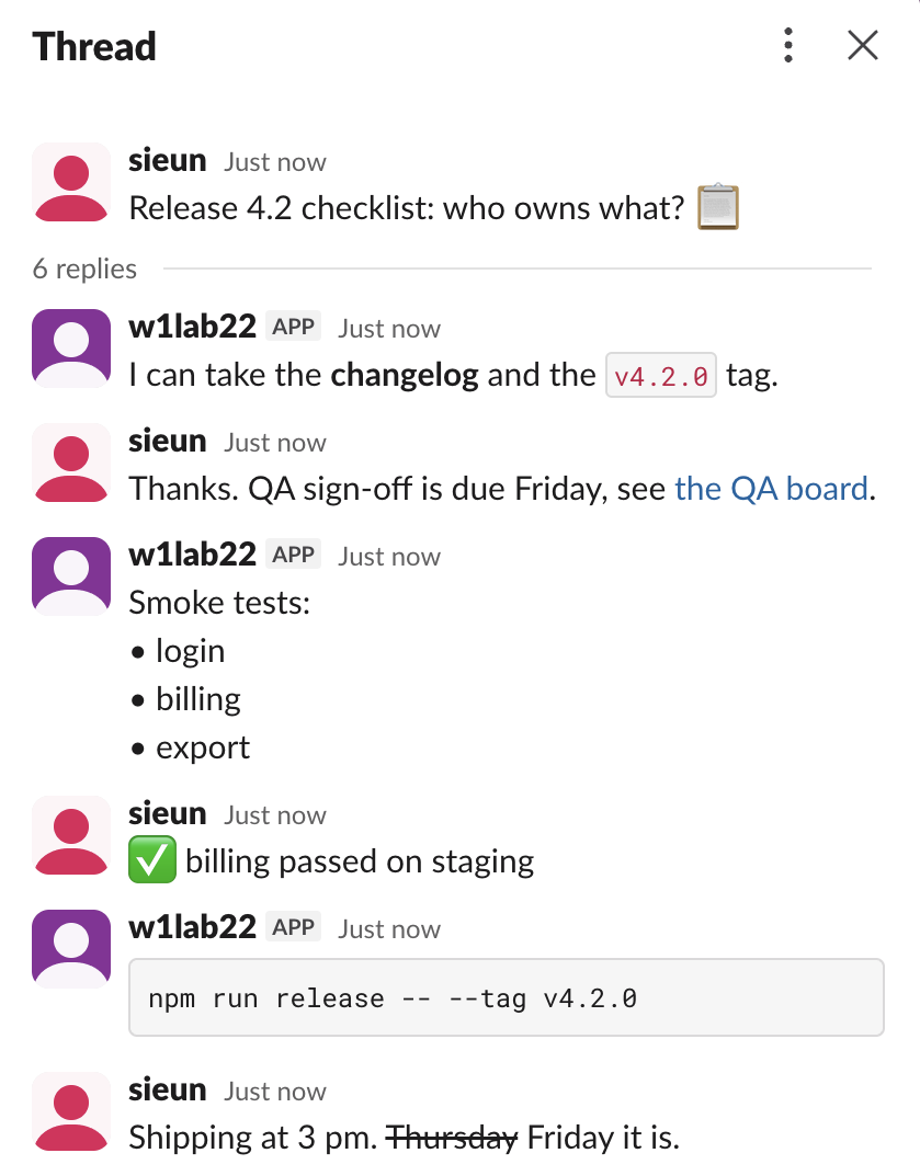 A Slack thread side panel with the parent message Release 4.2 checklist and six replies from sieun and the app w1lab22, including bold text, a code tag, a link, a bullet list, an emoji, a code block and struck-out text