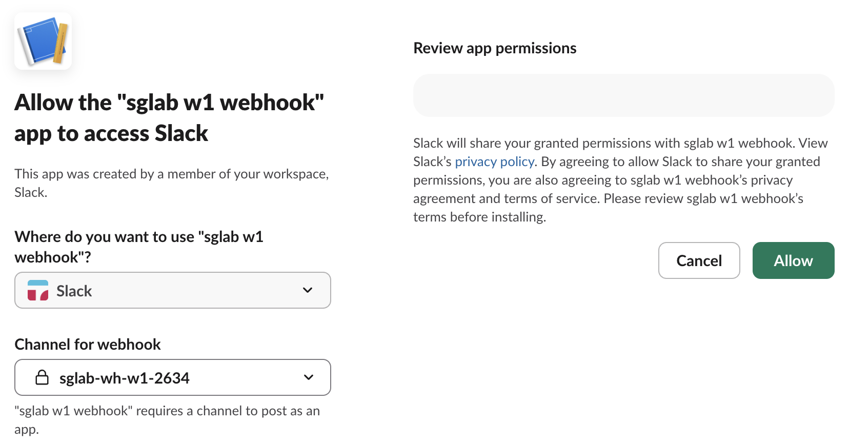 Slack permission page for a new app: Allow the sglab w1 webhook app to access Slack, with Channel for webhook set to a private channel marked with a lock
