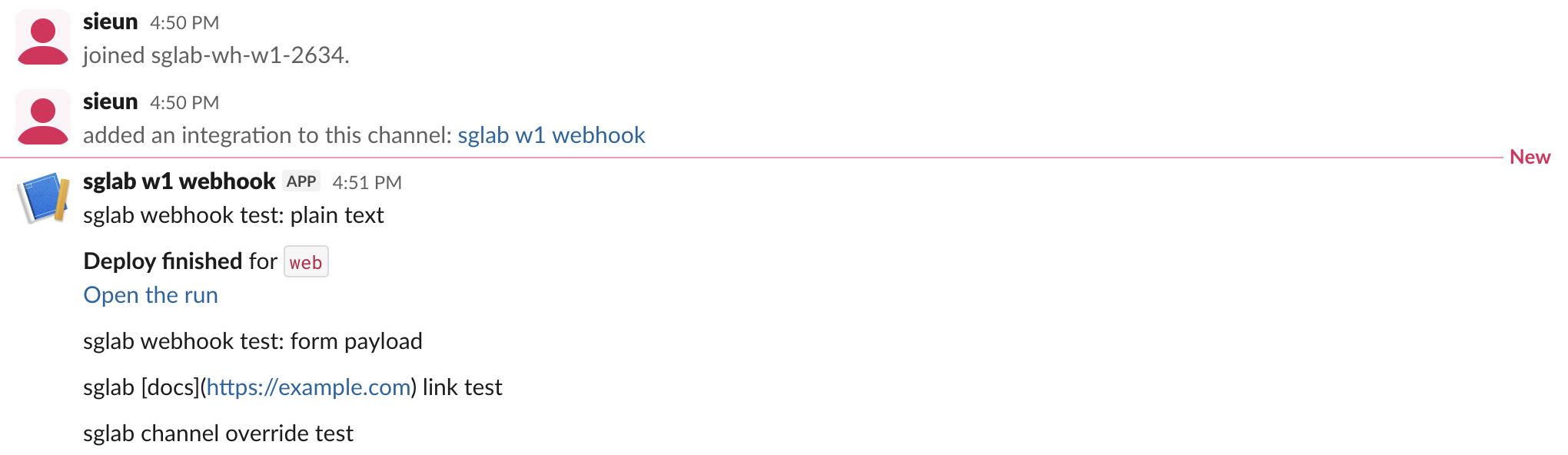 The test channel after the run: the app posted the plain text, a Deploy finished block with a link, the form payload, a markdown link left as brackets, and the channel override test