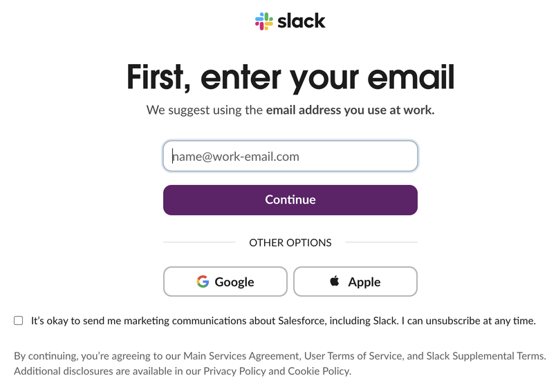 Slack's First, enter your email page, the first step of creating a workspace