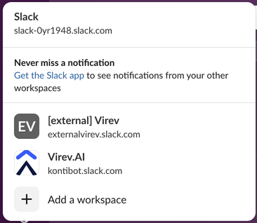 Slack's workspace switcher with Add a workspace at the bottom