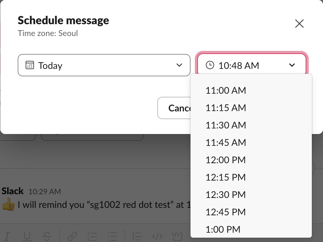 Slack's Custom time dialog: Today, a typed time of 10:48 AM, and the list in 15-minute steps