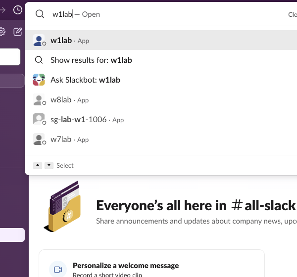 The Slack search box with w1lab typed and the result w1lab App at the top with Enter next to it