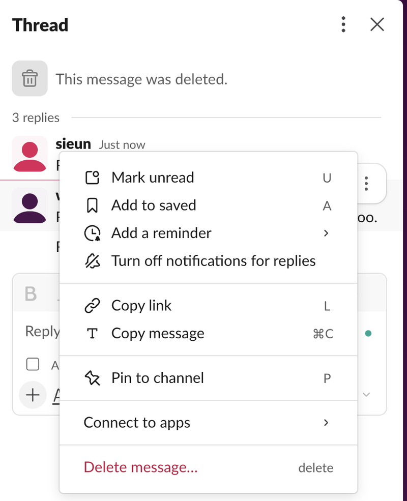 The Thread pane in Slack under a deleted parent, with the menu of a reply from the test app open and Delete message at the bottom