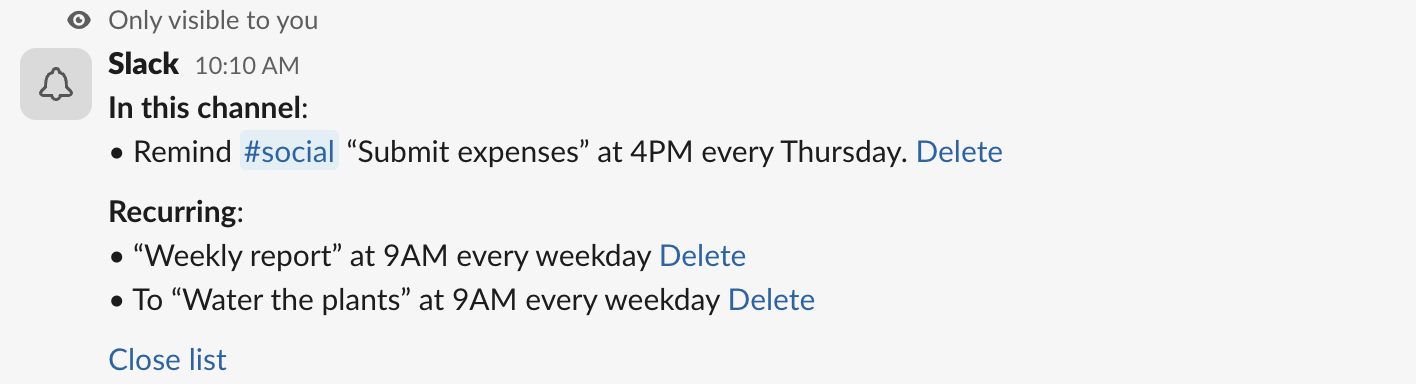/remind list in a Slack channel: an 