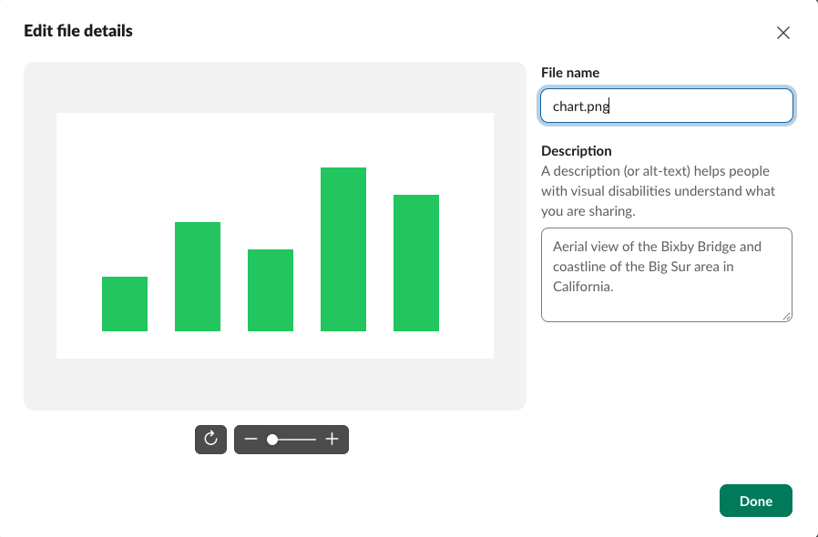 The Edit file details window in Slack with a preview of the bar chart, Rotate and Zoom buttons under it, a File name field reading chart.png and an empty Description box