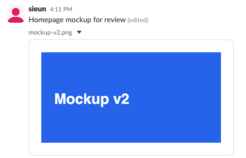 A Slack message from sieun, Homepage mockup for review (edited), now showing the blue Mockup v2 image and the file name mockup-v2.png