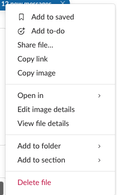 The More actions menu of an image in Slack: Add to saved, Add to-do, Share file, Copy link, Copy image, Open in, Edit image details, View file details, Add to folder, Add to section and Delete file