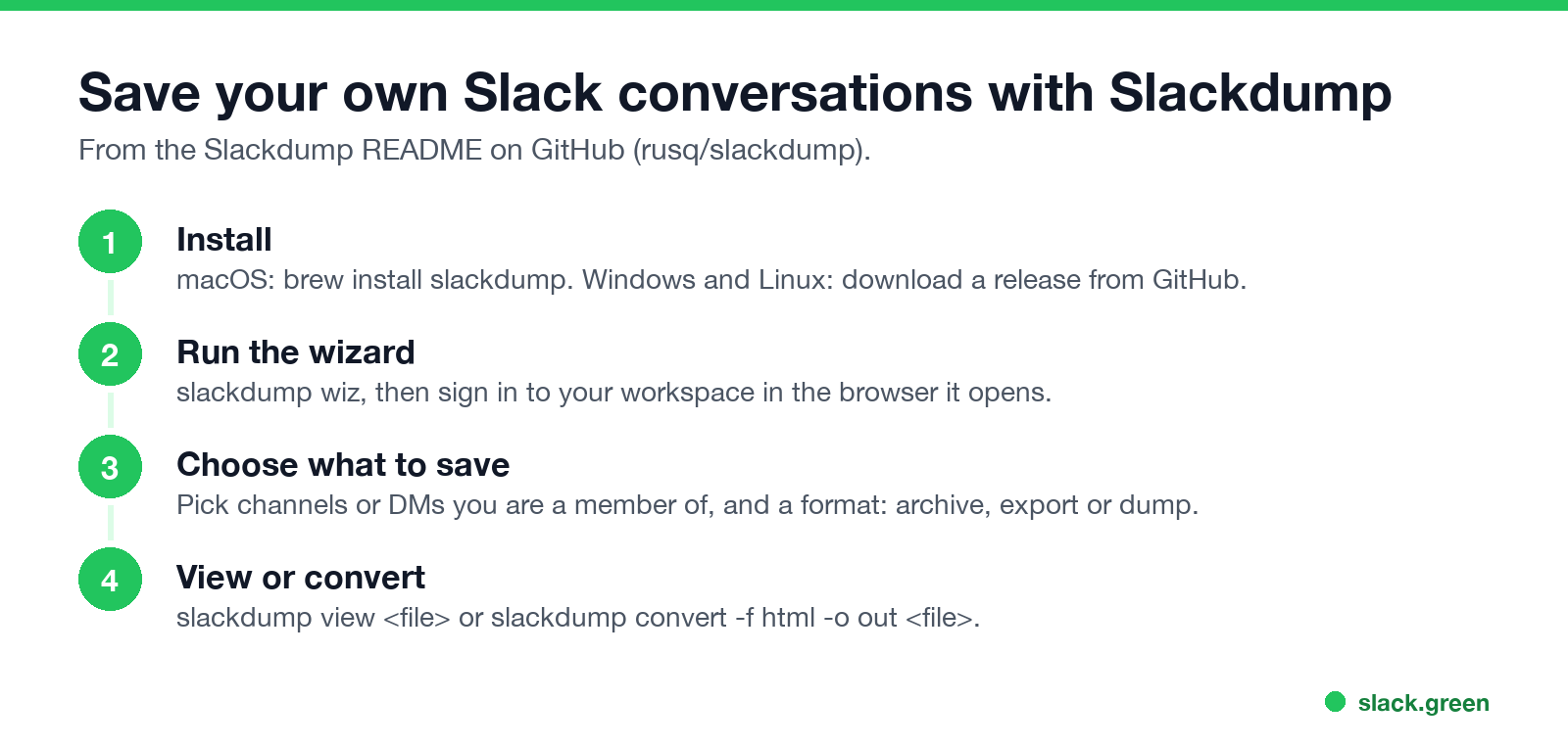 Save your own Slack conversations with Slackdump: install, wizard, choose, view or convert