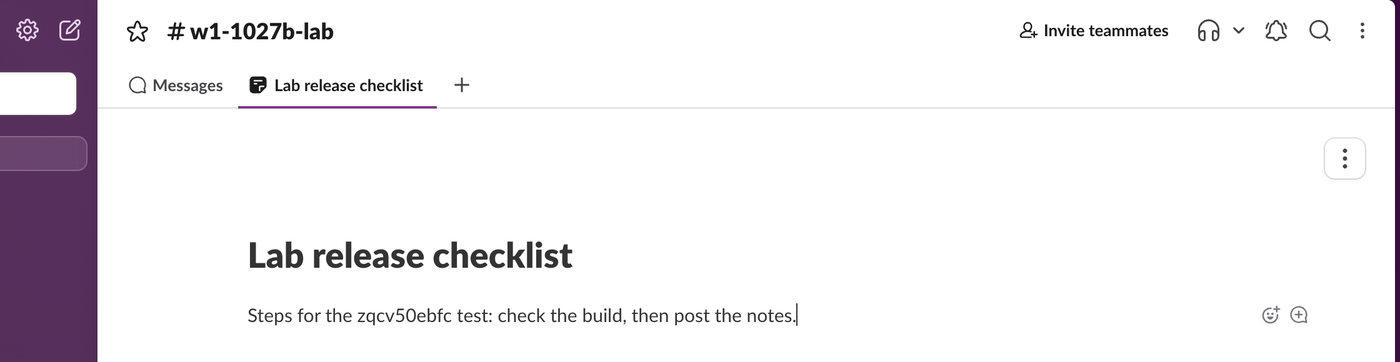 A Slack channel with a Lab release checklist tab next to the Messages tab, showing the canvas title and one line of body text