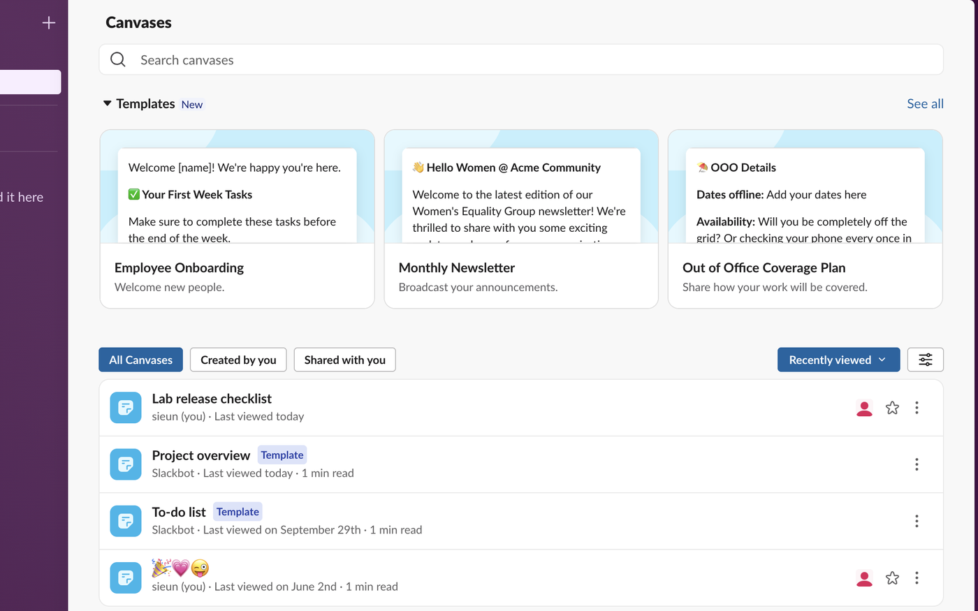 The Files page in Slack with Canvases selected, showing template cards and a list with Lab release checklist, Project overview, To-do list and an older canvas, with All Canvases, Created by you and Shared with you filters