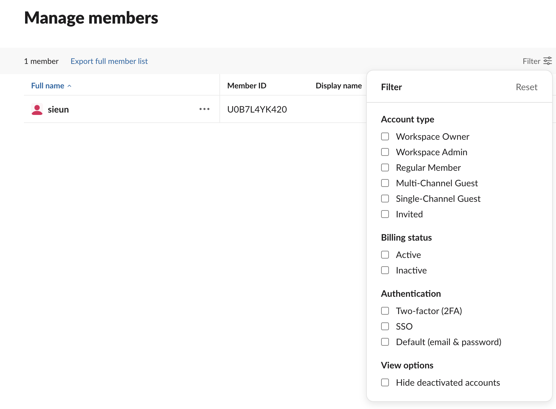 Slack Manage members with the Filter panel open: Account type, Billing status Active or Inactive, Authentication, and the view option Hide deactivated accounts
