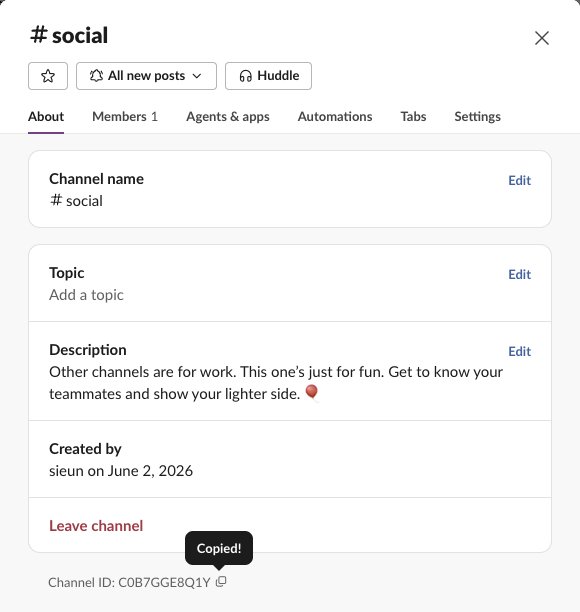 The About tab of the #social channel in Slack, with 