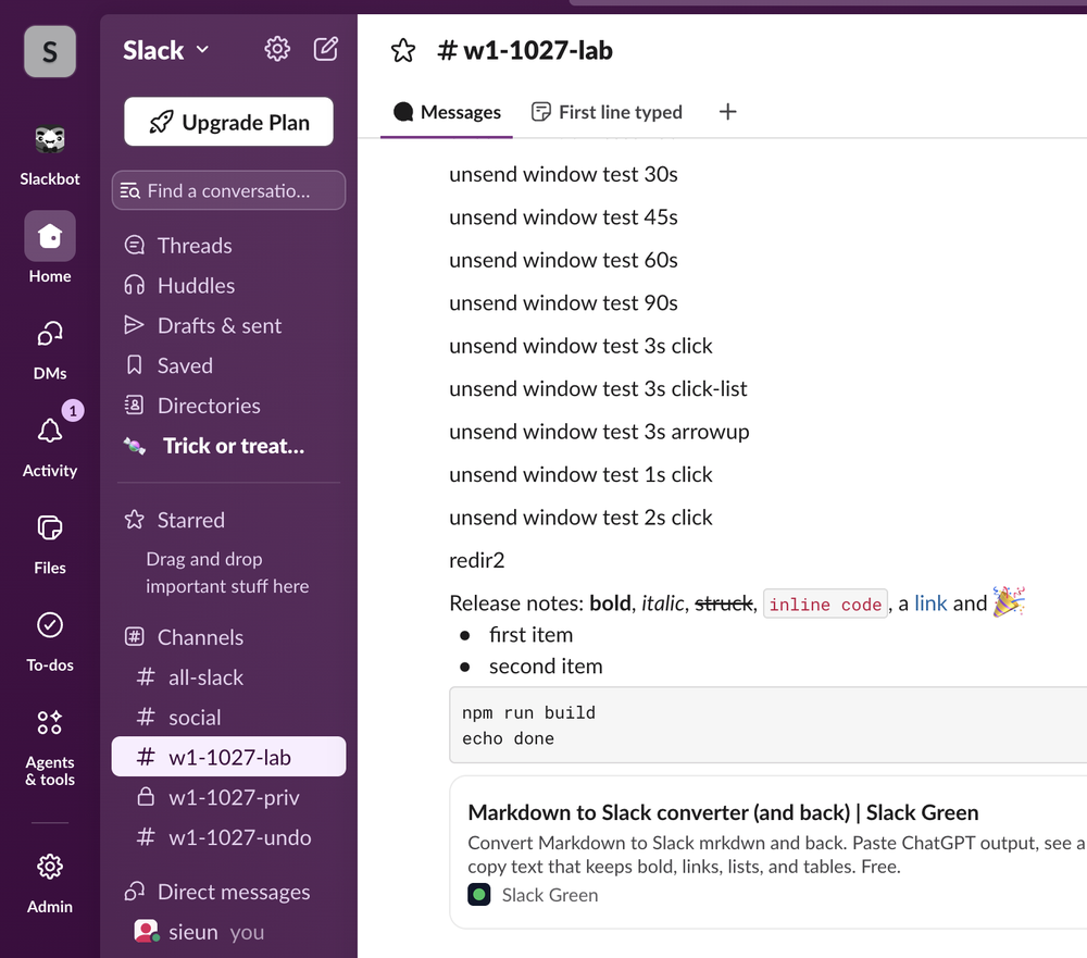 Slack with the channel sidebar dragged to its narrowest. Channel names such as all-slack, w1-1027-lab and w1-1027-undo still fit, and the conversation takes the rest of the window