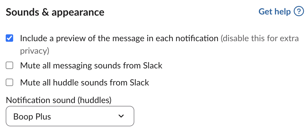 Slack Preferences, Notifications, Sounds & appearance: the checkbox Include a preview of the message in each notification, above the two mute options