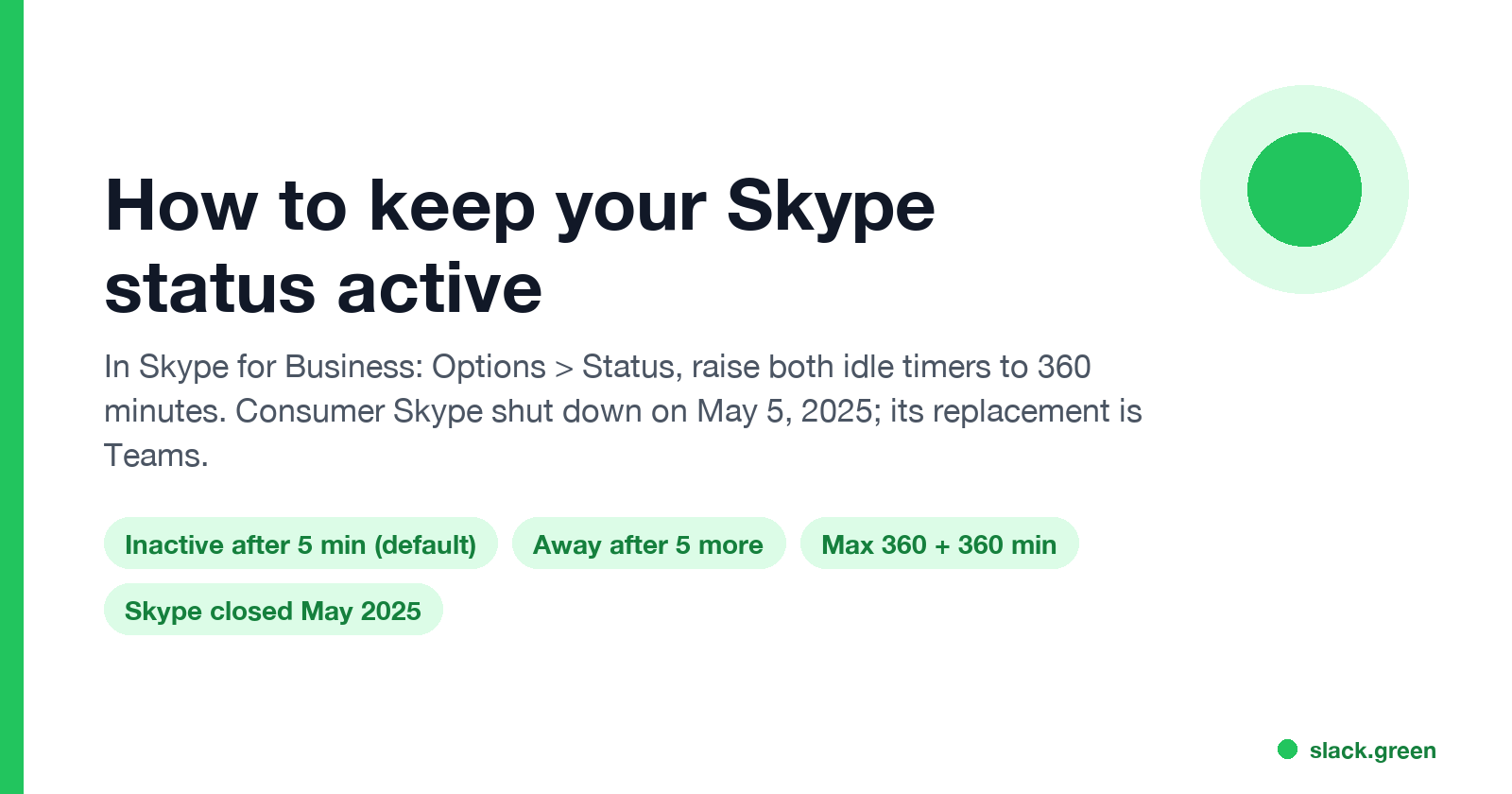 How to keep your Skype status active: Inactive after 5 minutes by default, Away after 5 more, maximum 360 plus 360 minutes
