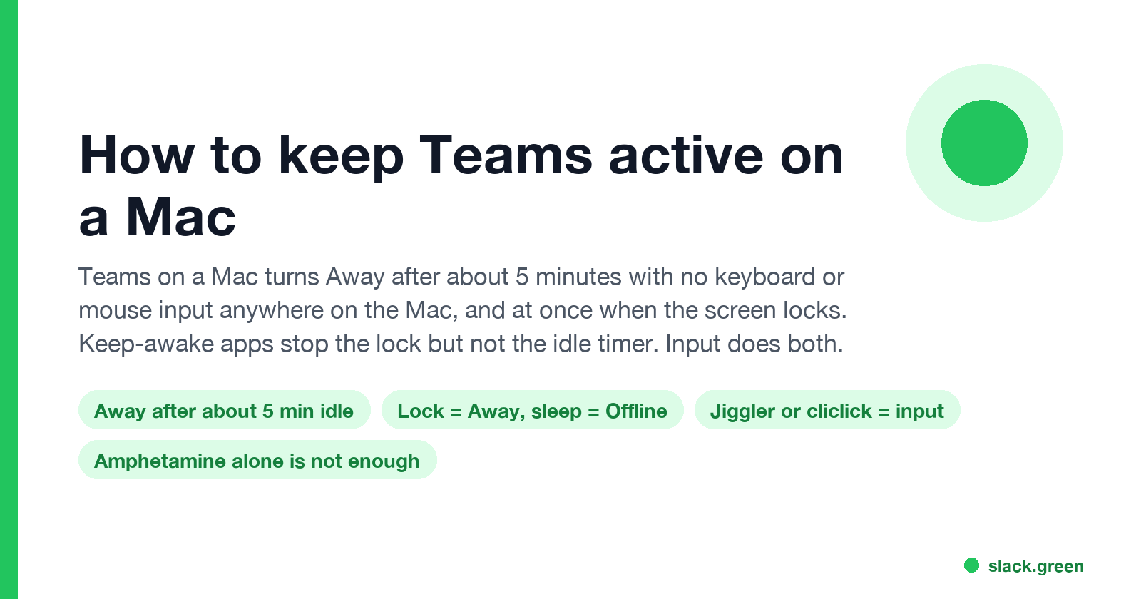 How to keep Teams active on a Mac: Away after about 5 minutes idle, lock sets Away, sleep sets Offline, input keeps it green