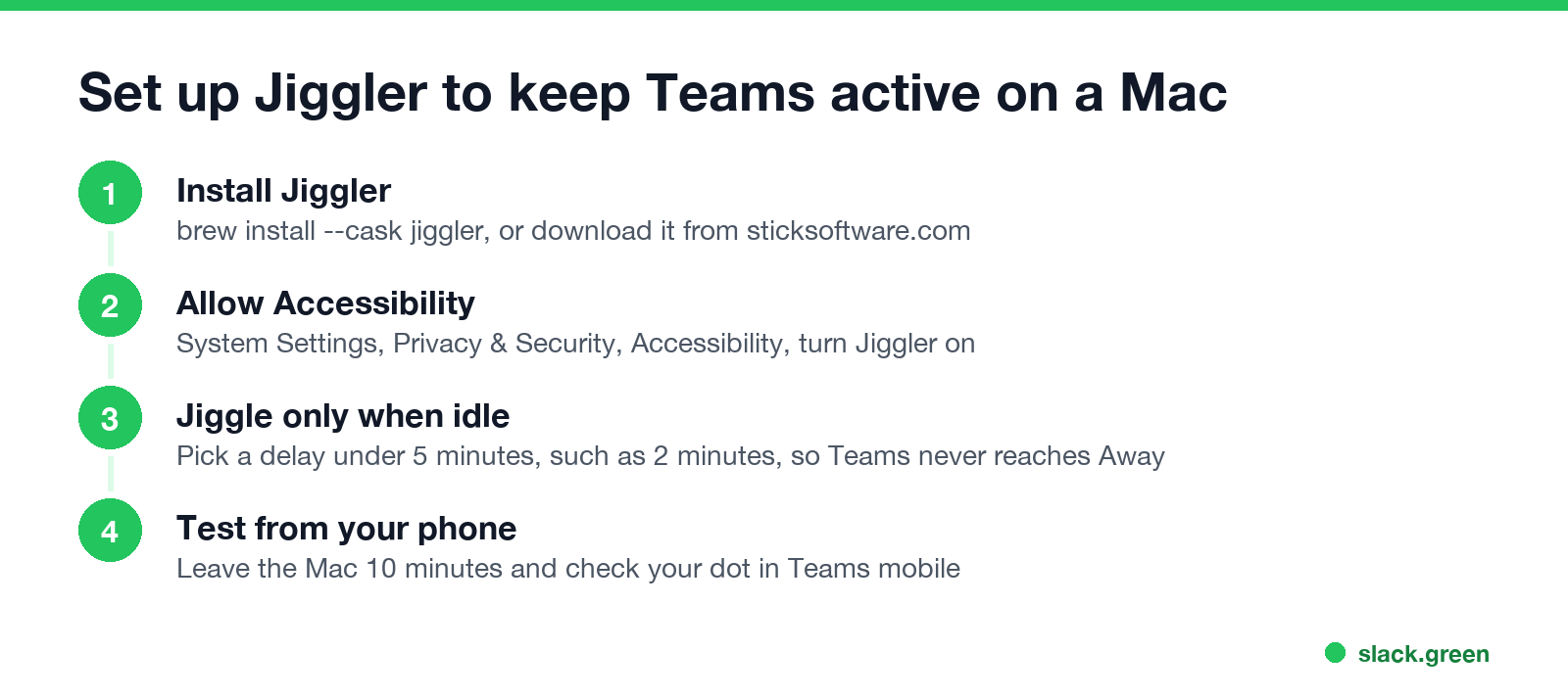 Set up Jiggler to keep Teams active on a Mac: install, allow Accessibility, jiggle when idle, test