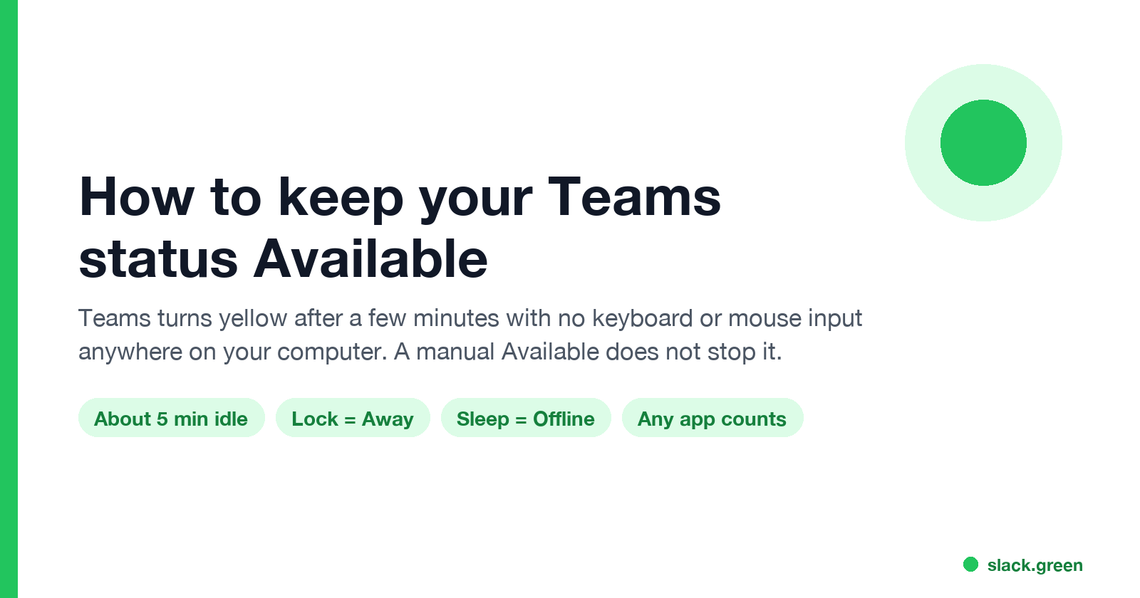 How to keep your Teams status Available: about 5 minutes idle, lock sets Away, sleep sets Offline, input in any app counts