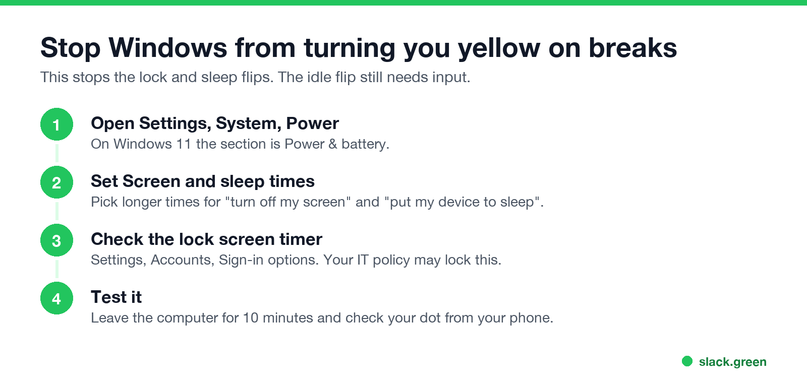 Steps: Settings, System, Power; set screen and sleep times; check lock screen timer; test