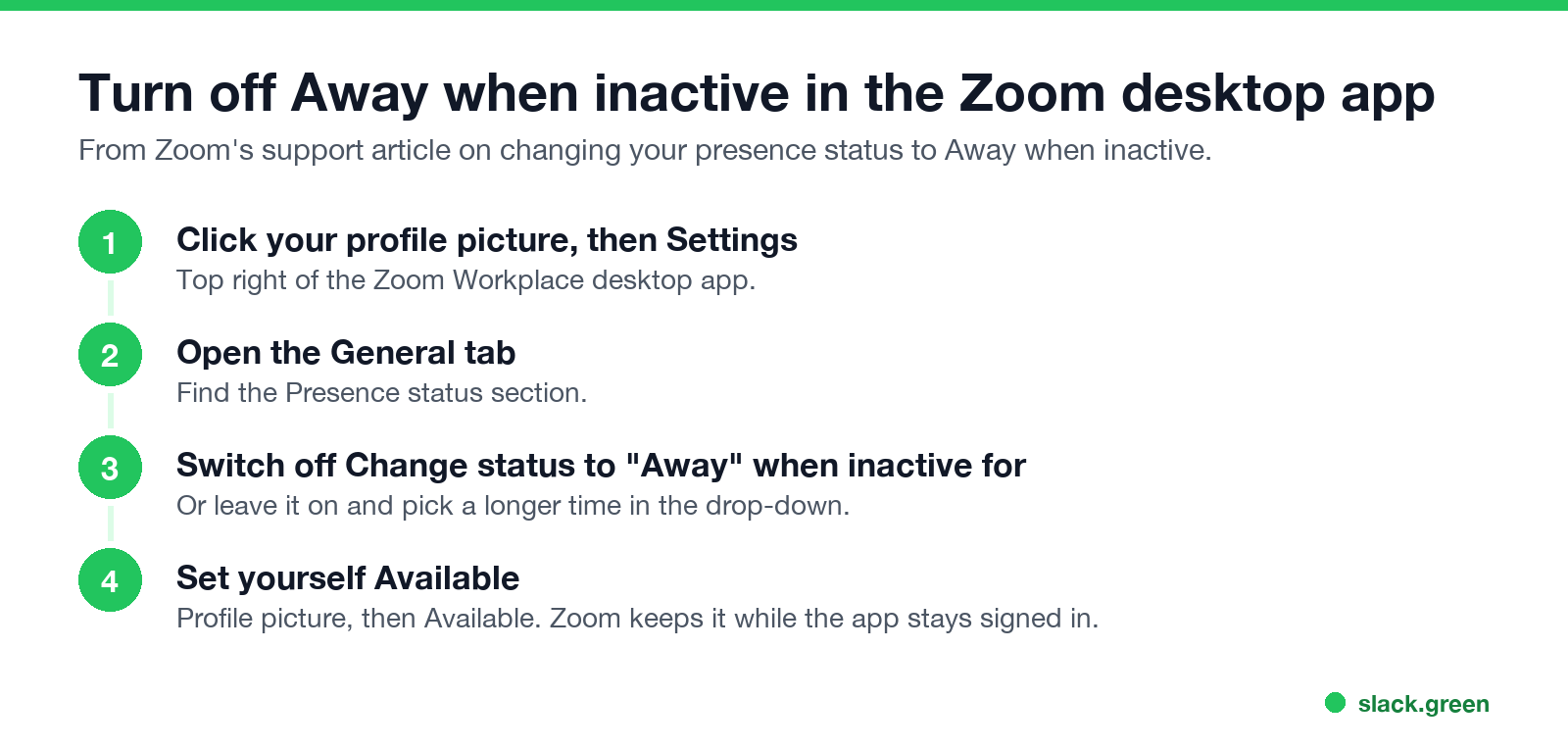 Turn off Away when inactive in the Zoom desktop app: Settings, General, Presence status