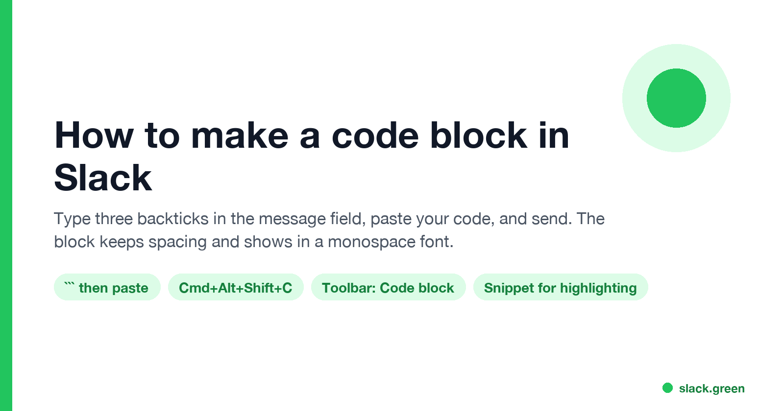 How to make a code block in Slack: type three backticks, press Cmd+Alt+Shift+C, or use the Code block button