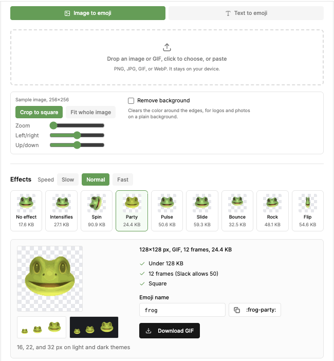Our free emoji maker with a sample image and the Party effect: 128 x 128 GIF, 12 frames, 24.4 KB