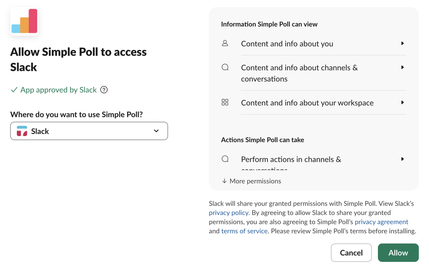 Slack permission screen Allow Simple Poll to access Slack, App approved by Slack, the workspace picker set to Slack, the lists Information Simple Poll can view and Actions Simple Poll can take, and Cancel and Allow buttons