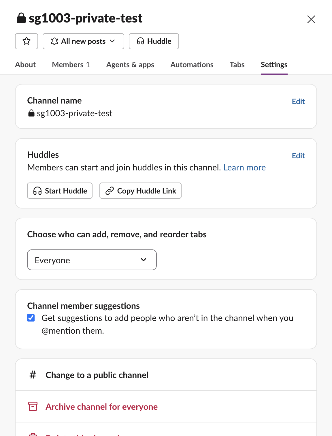 The Settings tab of a real private Slack channel, with Change to a public channel at the bottom