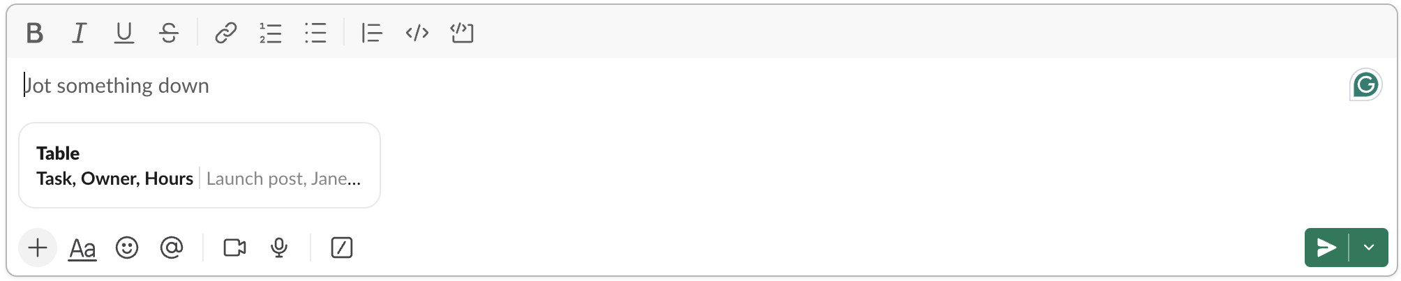 Slack message box after pasting tab-separated cells: a Table chip reading Task, Owner, Hours under the text field