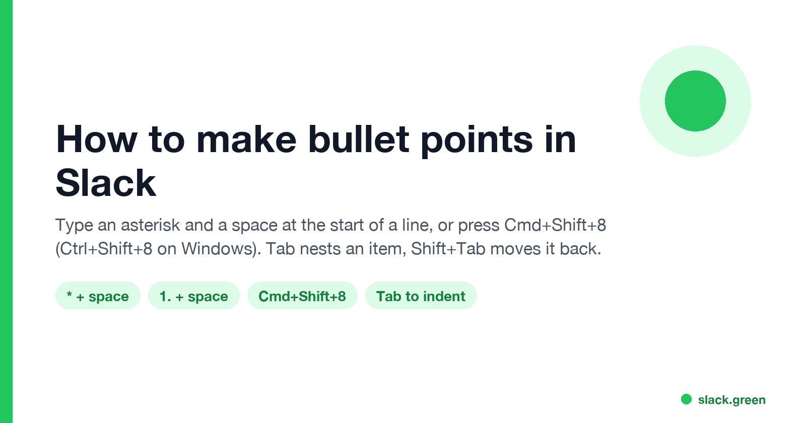How to make bullet points in Slack: asterisk and space, Cmd+Shift+8, Tab to indent