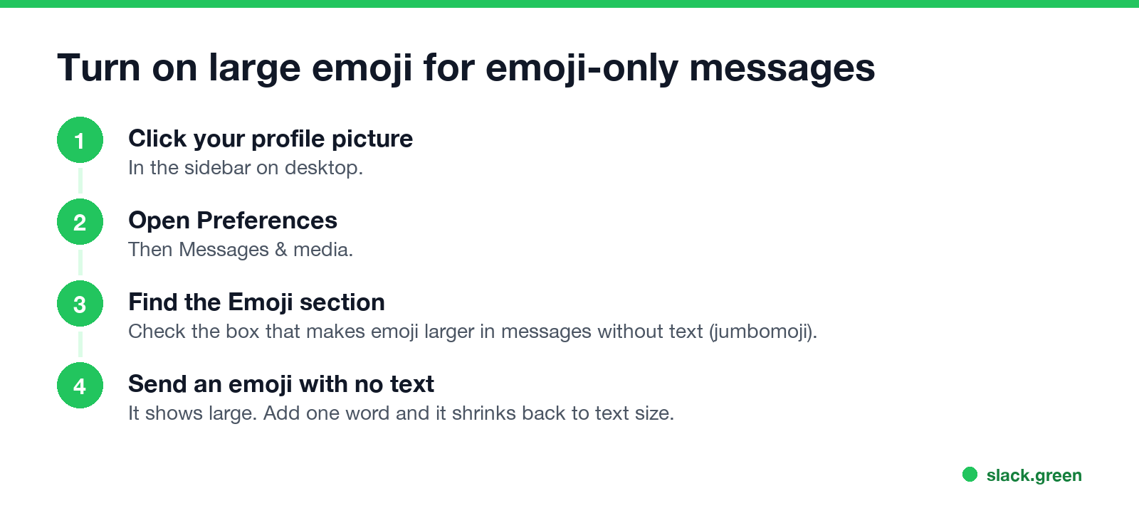 Turn on large emoji: profile picture, Preferences, Messages & media, Emoji, send an emoji with no text