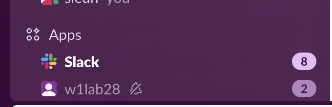 The Apps section of the Slack sidebar with the muted DM w1lab28 greyed out, a crossed-out bell next to the name and a badge reading 2