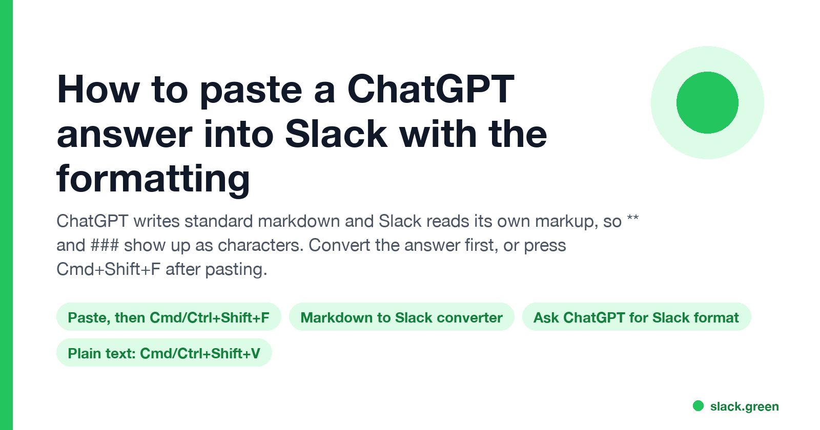 How to paste a ChatGPT answer into Slack with the formatting: Cmd+Shift+F after pasting, the Markdown to Slack converter, or a Slack format prompt