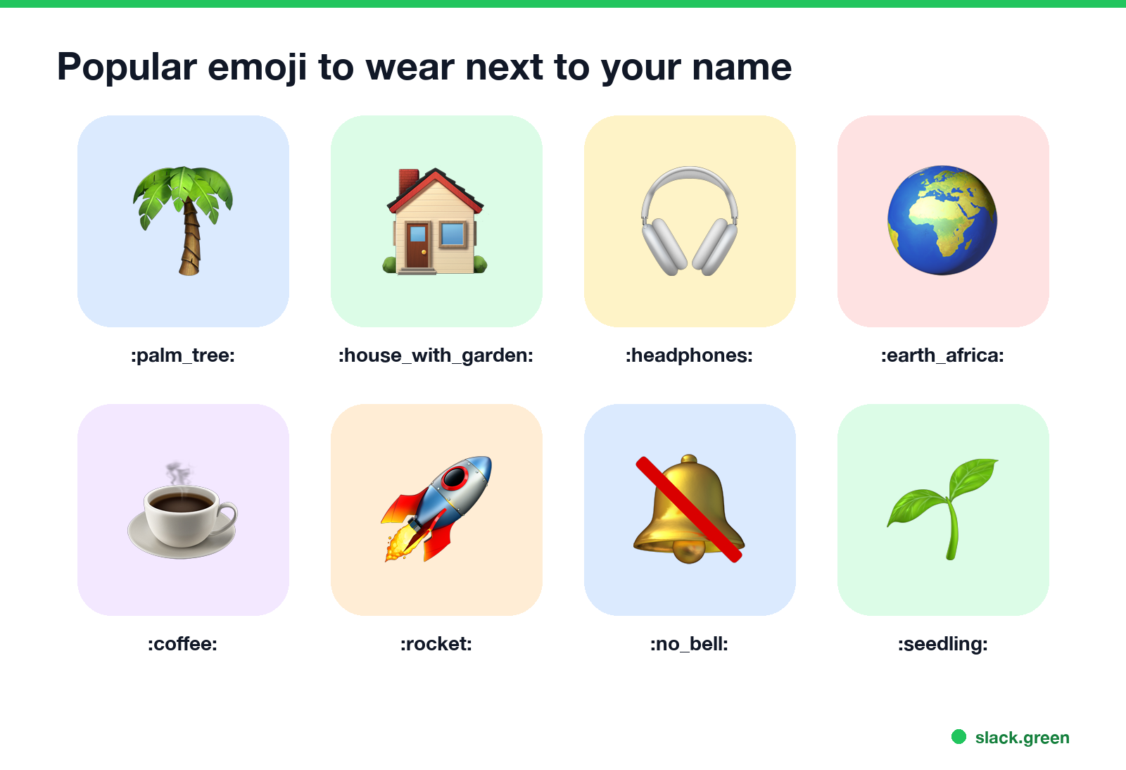 Popular emoji to wear next to your name: palm tree, house, headphones, globe, coffee, rocket, no bell, seedling