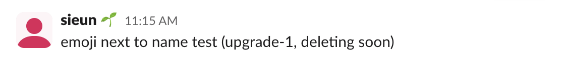 A Slack message header in the web app: the name sieun followed by a seedling status emoji, then the time 11:15 AM