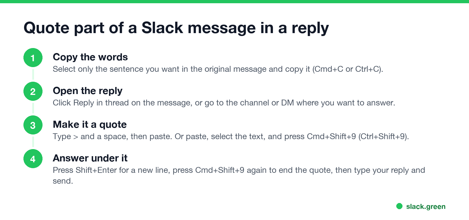 Quote part of a Slack message in a reply: copy the words, open the reply, make it a quote, answer under it