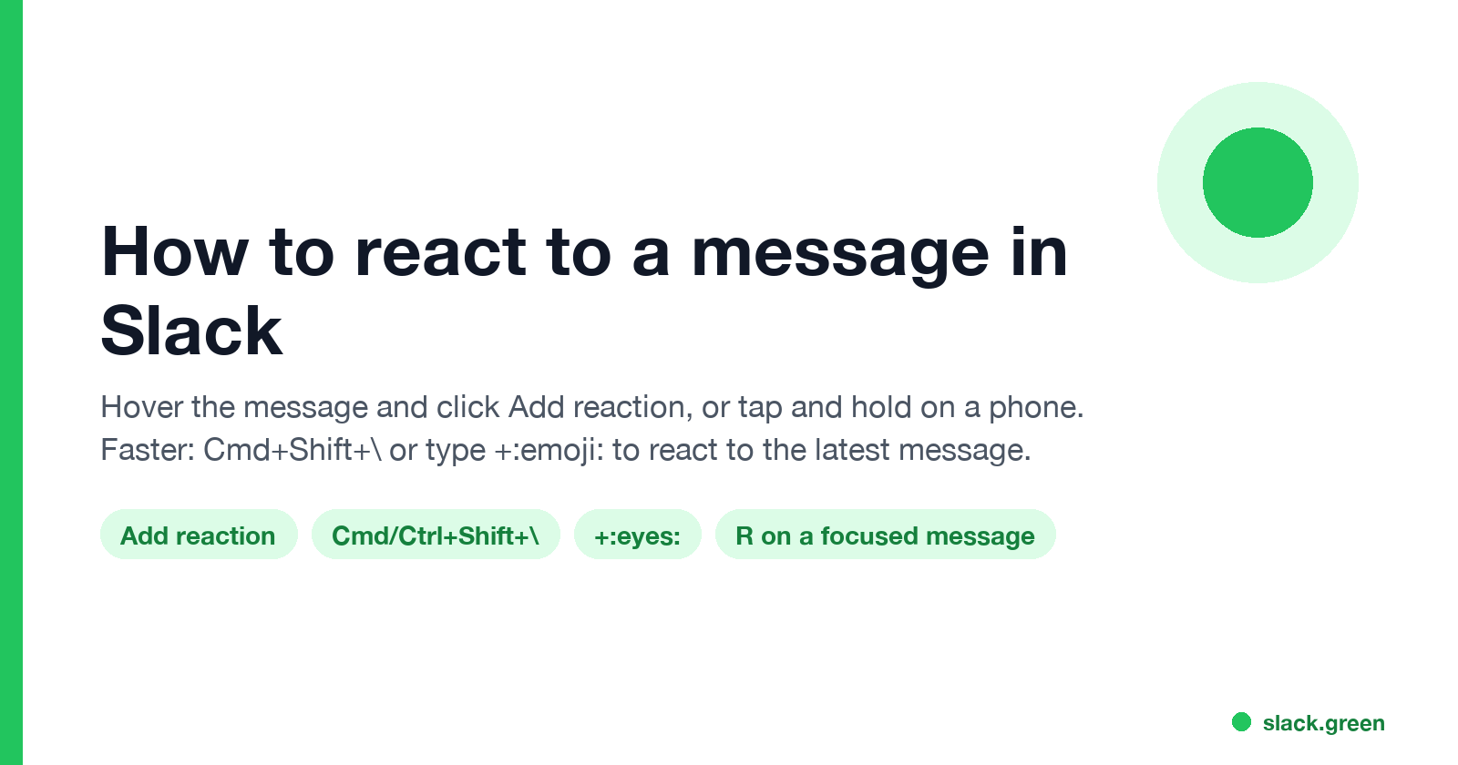 How to react to a message in Slack: Add reaction, Cmd+Shift+backslash, +:eyes:, R on a focused message