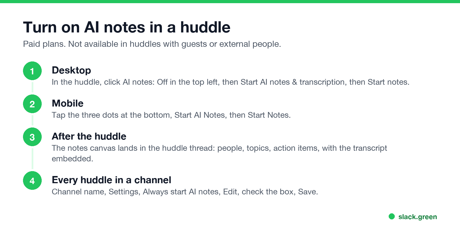 Turn on AI notes in a Slack huddle on desktop and mobile, and for every huddle in a channel