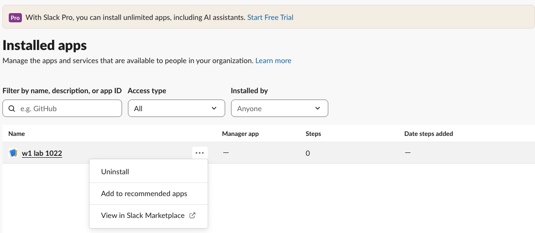 Slack's Installed apps page with the app w1 lab 1022 listed and its three-dot menu open, showing Uninstall, Add to recommended apps and View in Slack Marketplace. A banner says With Slack Pro, you can install unlimited apps