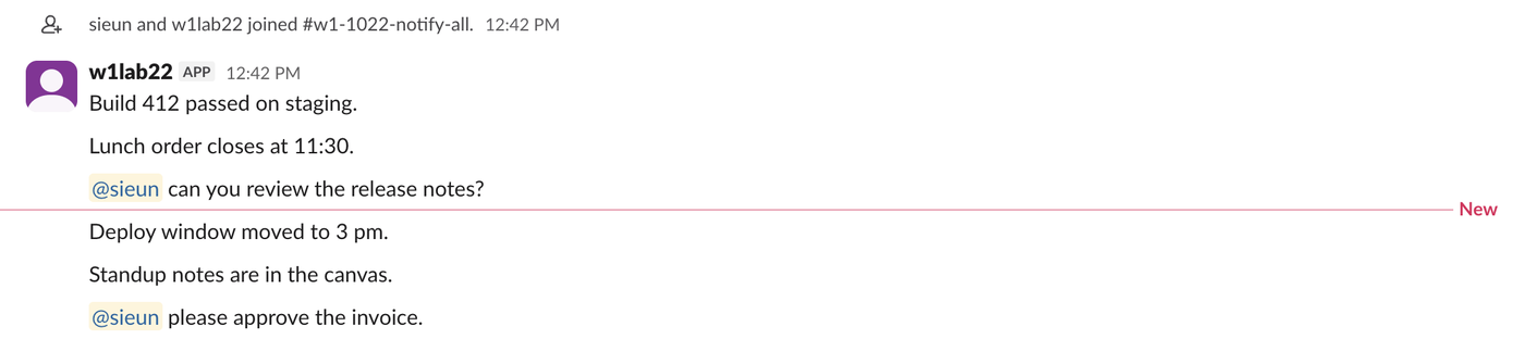 A Slack channel after the app was uninstalled. The app w1lab22's six earlier messages, including two that mention sieun, are still in the channel