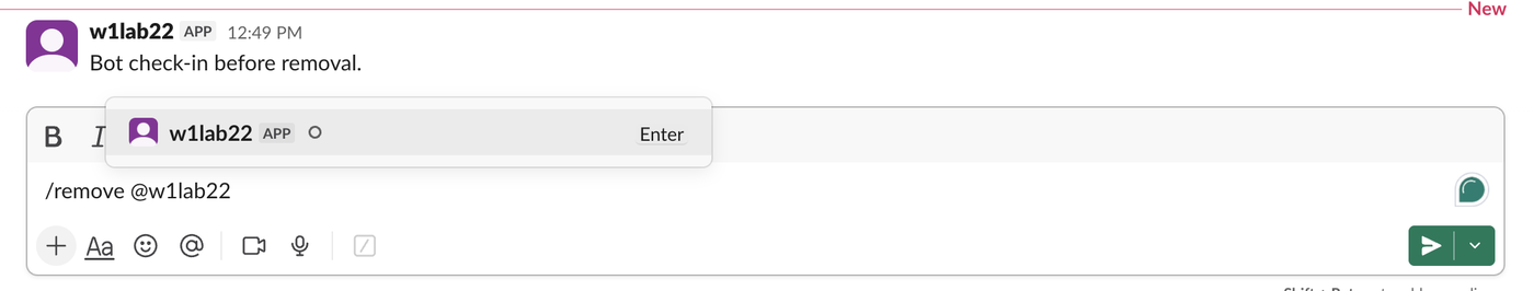 The Slack message box with /remove @w1lab22 typed and the autocomplete list showing w1lab22 APP with Enter to pick it
