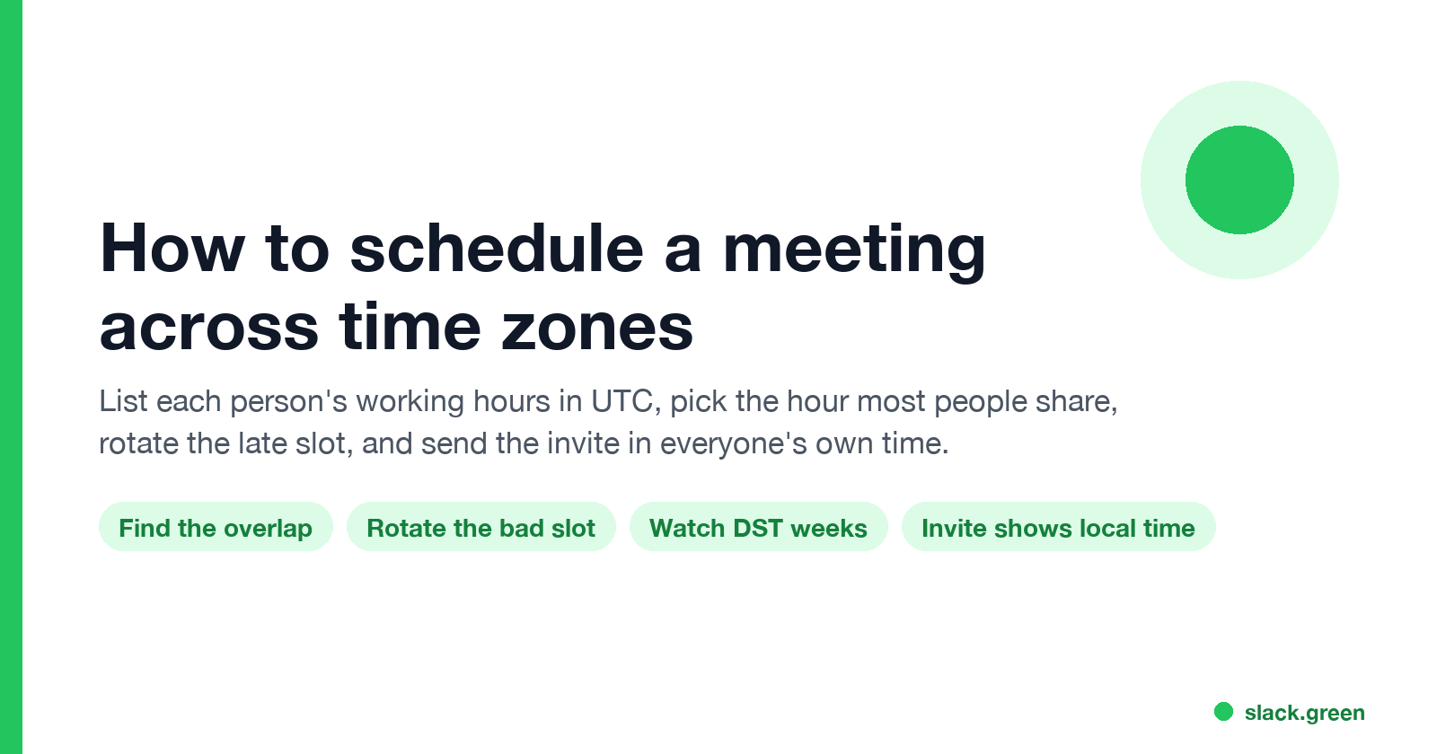 How to schedule a meeting across time zones: find the overlap, rotate the bad slot, watch DST weeks