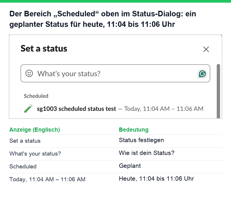Der Bereich Scheduled oben im Dialog Set a status mit einem Status für heute, 11:04 bis 11:06 Uhr