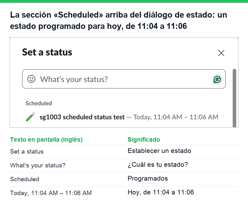 La sección Scheduled arriba del diálogo Set a status, con un estado para hoy de 11:04 a 11:06